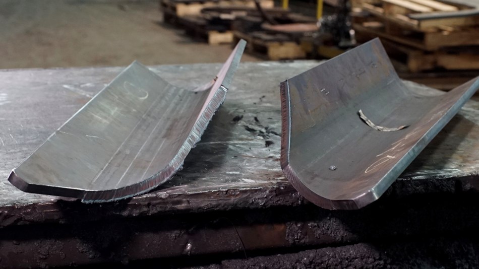 Comparison of manually cut part (left) and robotic cut part (right) shows elimination of dross and jagged edges that no longer need to be cleaned up with the robot. 